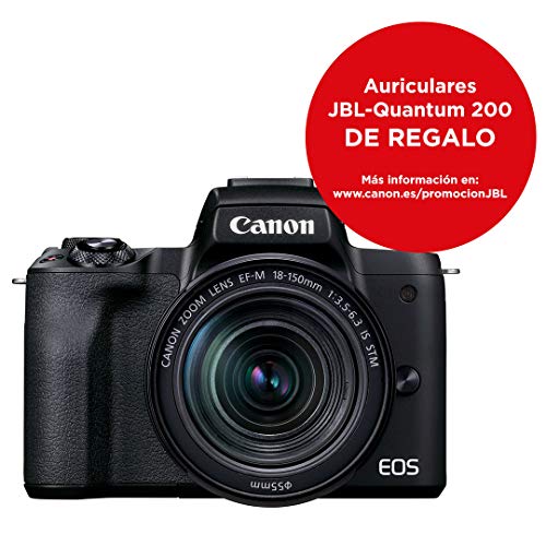 Canon EOS M50 Mark II + lente EF-M 18-150 mm F3.5-6.3 IS STM (24.1 MP, pantalla táctil LCD de 7.5 cm, WLAN, HDMI, Bluetooth, sistema de AF CMOS de doble píxel, AF de ojo, video 4K, EVF OLED ), negro