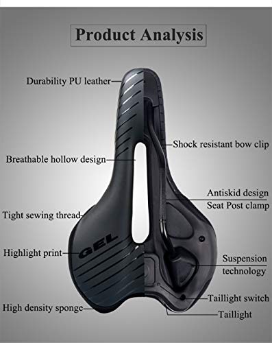 CARACHOME Sillín de Bicicleta con luz Trasera, Bicicleta de Carretera de montaña PU, Cuero a Prueba de Agua, Altura, Almohadilla, cojín de Gel, Suave, Ciclismo, Montura.