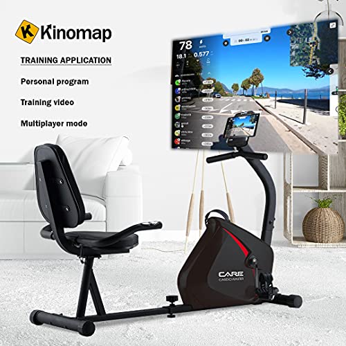 CARE FITNESS - Bicicleta estática Cardio Master - Bicicleta conectada - Función de máquina de remo - Frenado magnético - Peso de inercia de 7 kg - Compatible con la aplicación Kinomap, de color negro