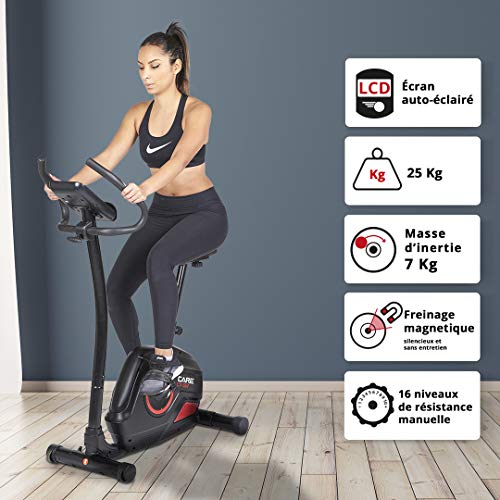 CARE FITNESS - Bicicleta estática CV-357 - 10 funciones, 21 programas - Rueda de inercia de 7 kg - Frenado magnético - Bicicleta de ciclismo elegante y eficiente