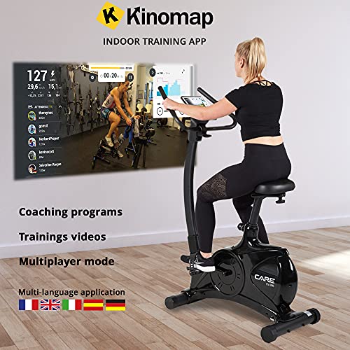 CARE FITNESS CV-395 - Bicicleta estática motorizada (24 programas de entrenamiento, masa de inercia 12 kg, resistencias magnéticas motorizadas, conectividad de aplicación Mobile/Kinomap