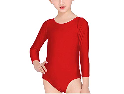 Carnavalife Maillot Ballet Danza Niña de Manga Larga y Cuello Redondo (Rojo, 10-12 años)