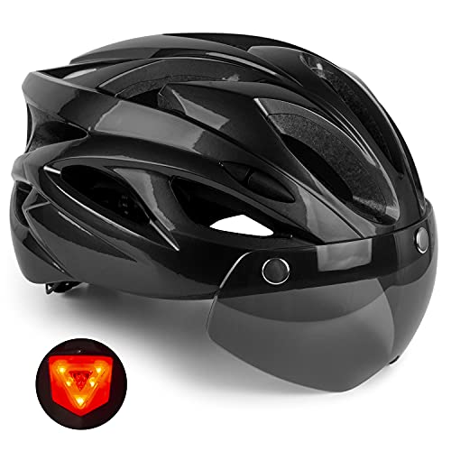 Casco Bicicleta, KINGLEAD Casco Bicicleta Hombre Mujer Certificado CE Casco Bicicleta con Luz LED Casco Bicicleta con Visera Extraíble Magnética Casco Bici para Carretera MTB Ciclismo 56-62cm(KL013)