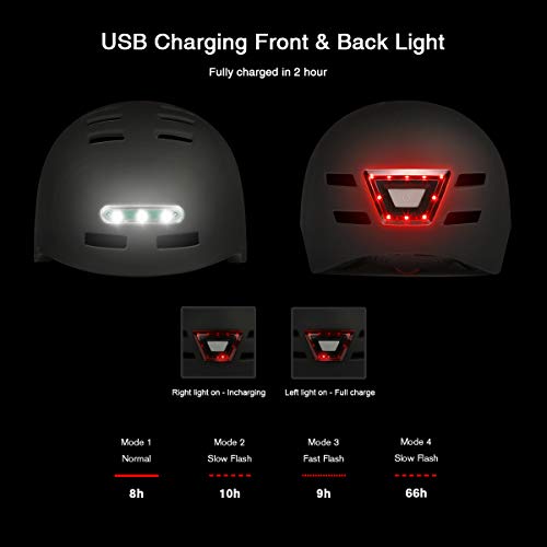 Casco de Bicicleta con LED Integrado y Casco de Ciclismo BMX Patin Casco Patinete Electrico Adulto con luz Trasera Ajustable Movilidad Urbana Bici Deporte CPSC y Certificado CE para Hombres y Mujeres