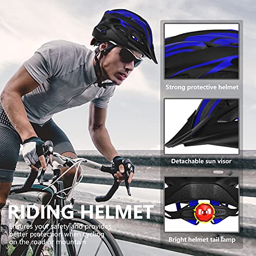 Casco de bicicleta para hombre y mujer, con luz trasera y visera desmontable, para bicicleta de carreras de montaña (57-62 cm), color azul