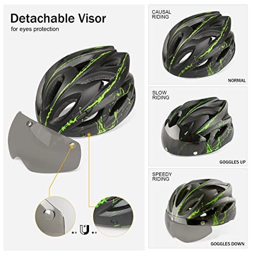 Casco de Bicicleta Patinete Electrico para Adultos Hombre y Mujer Certificado CE Bici Casco de Ciclismo de Montaña BMX Skateboard MTB Urbana con Magnética Seguridad Visera y Acolchado (Verde)