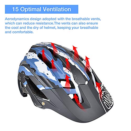 Casco de Ciclismo, 300g 56-60cm Casco Ligero de Bicicleta de Montaña con Visera Desmontable, Ajuste Ajustable, 15 Vetns MTB Asco para Hombres y Mujeres Adultos,Azzurro + Nero