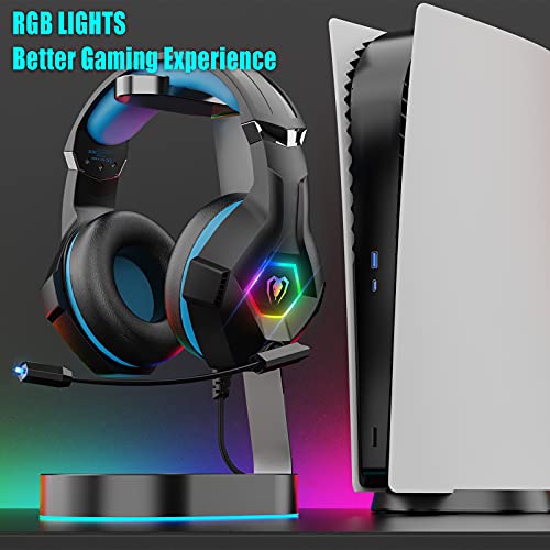 Cascos Gaming, Auriculares Gaming Con Micrófono Rotatorio, Luz RGB, Premium Stereo, Orejeras Ligero Cómodo, Para PS4 PS5 Xbox PC Switch Tableta Laptop