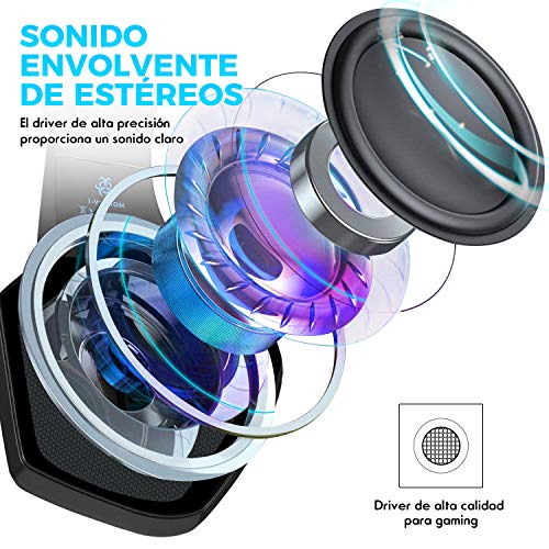 Cascos Gaming, Auriculares Gaming PS4 con Microfono para PC Xbox One Switch Tablet Cascos Gamer Estéreo y Cancelació de Ruido, Auricular Diadema con Luz LED RGB 3.5mm Jack y Orejeras Suaves de Memoria