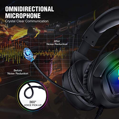 Cascos Gaming, Auriculares Gaming PS4 PC con Microfono Diadema con RGB Luz LED y Cancelació de Ruido, Cascos Gamer Headset Estéreo con Orejeras Cómodas, Headphones para Xbox One Switch Tableta