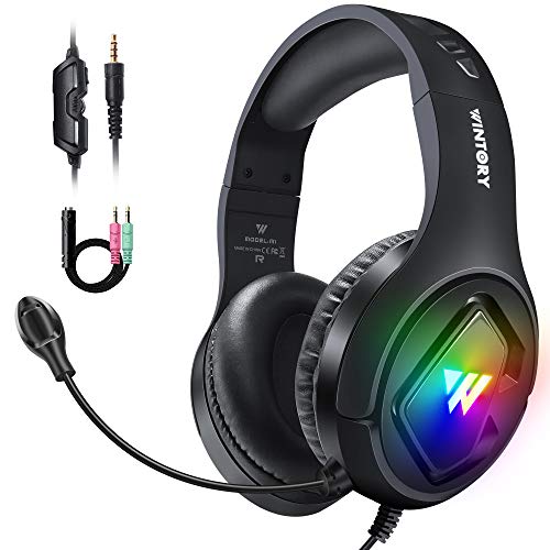 Cascos Gaming, Auriculares Gaming PS4 PC con Microfono Diadema con RGB Luz LED y Cancelació de Ruido, Cascos Gamer Headset Estéreo con Orejeras Cómodas, Headphones para Xbox One Switch Tableta