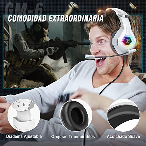 Cascos Gaming con Micrófono Suave, Luz RGB, Sonido Envolvente Claro, Orejeras Ligero Cómodo Ajustable, Auriculares Gaming Blanco para PS5 PS4 PC Xbox One/X/S Switch Tableta Laptop