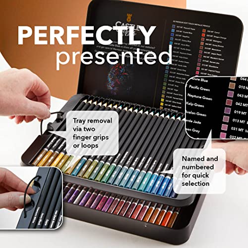 Castle Art Supplies Caja Lápices Metálicos | 48 Lápices de Cera Tonos Brillantes para Profesionales, Artistas Experimentados e Ilustradores | Protegidos y Organizados en Caja Metálica de Presentación