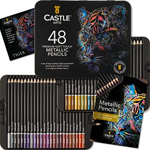 Castle Art Supplies Caja Lápices Metálicos | 48 Lápices de Cera Tonos Brillantes para Profesionales, Artistas Experimentados e Ilustradores | Protegidos y Organizados en Caja Metálica de Presentación