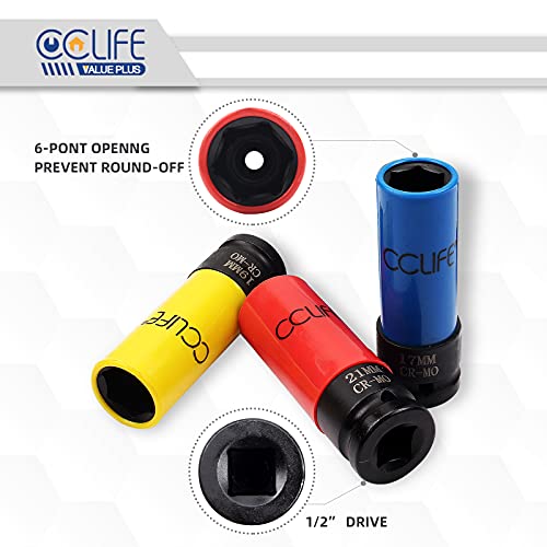 CCLIFE 3 piezas Juego de vasos de impacto, llaves de vasos para llantas de aluminio, 1/2' Conduzca 17-19-21mm CR-MO Material 85mm de longitud, utiliza para pernos de ruedas