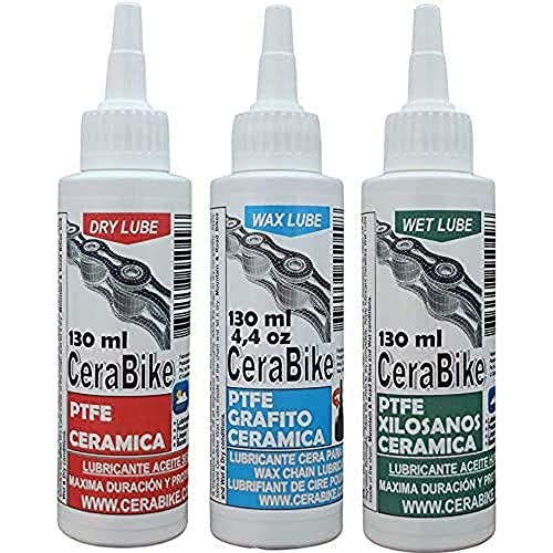 CeraBike PACKLUBE. Pack DE LUBRICANTES para Cadena. WAXLUBE, DRYLUBE Y WETLUBE. (3X130 ML). WWW.CERABIKE.COM