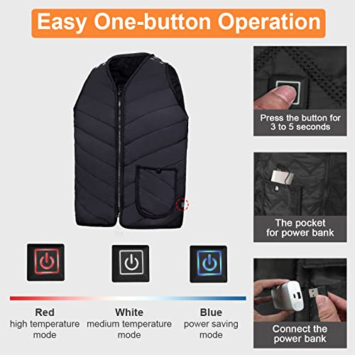 Chaleco Calefactable para Hombre Mujer - Chaquetas con Calefacción USB Eléctrico con 3 Niveles de Temperatura, Chaleco Térmico Invierno Pescar, Senderismo, moto - Tamaño Ajustable, Lavable-sin batería