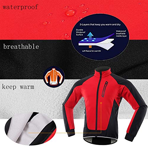 Chaqueta Ciclismo Hombre Invierno Polar Térmico, Impermeable Prueba de Viento Bicicleta Jackets Reflectante Alta Visibilidad Cortavientos,Rojo,XXL