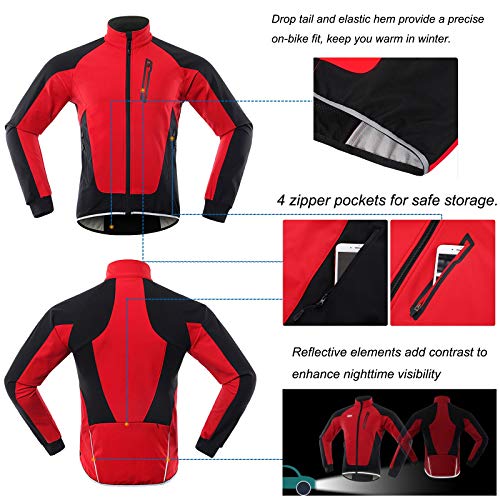 Chaqueta Ciclismo Hombre Invierno Polar Térmico, Impermeable Prueba de Viento Bicicleta Jackets Reflectante Alta Visibilidad Cortavientos,Rojo,XXL