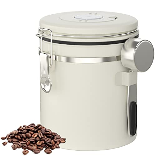 Charwin Bote para Café con Cuchar, 1.5L Contenedor de Cafe Bote Café Hermetico, Recipiente Hermético Sellado al Vacío, Recipiente para Café, Té, Dulces,Tarros de Acero Inoxidable Blanco Crema