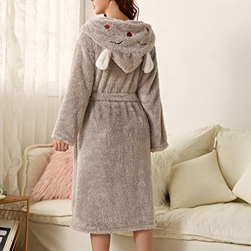 CHENSIYU Albornoz para mujer, mullido, bonito, ropa de noche, largo, bata con capucha, para invierno, bata de casa, bata de sauna, forro polar, algodón, rizo de terciopelo, 01-gris, S