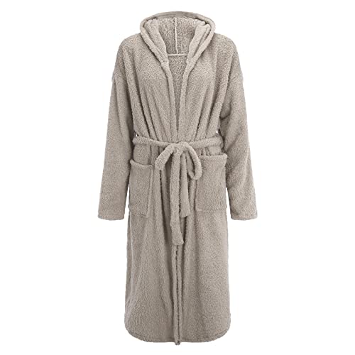 CHENSIYU Albornoz para mujer, mullido, bonito, ropa de noche, largo, bata con capucha, para invierno, bata de casa, bata de sauna, forro polar, algodón, rizo de terciopelo, 01-gris, S