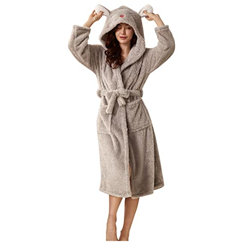 CHENSIYU Albornoz para mujer, mullido, bonito, ropa de noche, largo, bata con capucha, para invierno, bata de casa, bata de sauna, forro polar, algodón, rizo de terciopelo, 01-gris, S