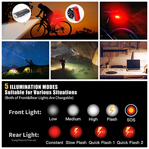 CHICLEW Luces Bicicleta Delantera y Trasera, 5200mAh Luz LED Bicicleta Súper Brillantes, IP65 Impermeable Luz Bici con 2 Soportes, 5 Modos Ajustables de Brillo Luces Bicicleta de Carretera y Montaña