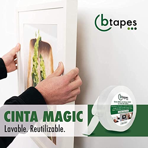 Cinta adhesiva doble cara NO MÁS AGUJEROS Btapes (5m x 3cm). La única cinta para colgar objetos sin dañar la pared al retirar. Lavable y Reutilitzable. Para cuadros, perchas, espejos.