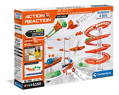 Clementoni- Action & Reaction – Efecto Caos – Juego de construcción – Circuito de Bolas Creativo, versión Francesa, Fabricado en Italia, a Partir de 8 años, Multicolor (52492)
