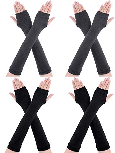 CNNIK Guantes largos sin dedos de 4 pares Guantes de punto de invierno Calentador Guantes hasta el codo Guantes con agujero para el pulgar para mujeres Niñas (negro + gris oscuro)