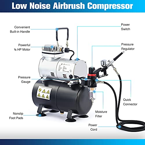 CO-Z Kit de Aerógrafo con Compresor de Pistón Único 1/6HP con 3L Tanque Compresor de Aerógrafo con Pislota de Doble Accción 0.35mm Airbrush Profesional para Modelismo, Pintura o Camiseta