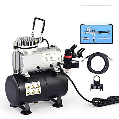 CO-Z Kit de Aerógrafo con Compresor de Pistón Único 1/6HP con 3L Tanque Compresor de Aerógrafo con Pislota de Doble Accción 0.35mm Airbrush Profesional para Modelismo, Pintura o Camiseta