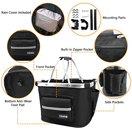 COFIT Cesta de Bicicleta Plegable, Canasta de Manillar de Bicicleta Multiusos Extraíble para Porta Mascotas, Bolsa de Compras, Bolsa de Viaje, Camping al Aire Libre Actualizado Negro