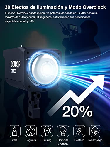 COLBOR CL100 Foco Estudio Vídeo de 100W 2700K~6500K Regulable, Luz Continua Led Fotografia Profesional CRI 97+ con Control Remoto y Montura Bowens, Foco-Antorcha-Iluminación-Vídeo-Fotográfico