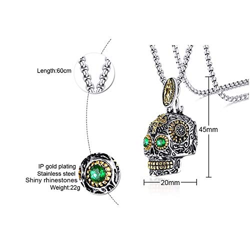 Collar de hombreAcero Inoxidable Punk Biker Joyería Masculina Calavera De Azúcar Grande Mexicana con Colgante De Collar De Ojo Verde Colgante