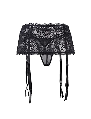 comeondear Mujer Liguero con Encaje de Cintura Alta Talla Grande para Medias con Tanga Garter Belt(Negro,M-L)