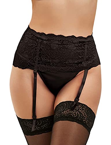 comeondear Mujer Liguero con Encaje de Cintura Alta Talla Grande para Medias con Tanga Garter Belt(Negro,M-L)