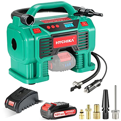 Compresor de Aire Batería Portátil 18V, HYCHIKA Compresor Aire para Coche, 160PSI, 5* Adaptador, Toma de Encendedor 12V, Cargador Rápido, Uso Portátil, 380L/Min, para Bicicleta, Pelota, Boya Salvavida