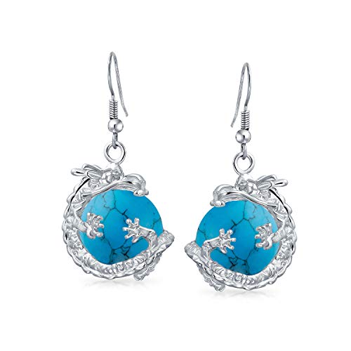 Comprimido oscuro azul marino turquesa piedra preciosa redondo bola colgante envuelto orbe chino chino dragón pendientes para las mujeres adolescentes