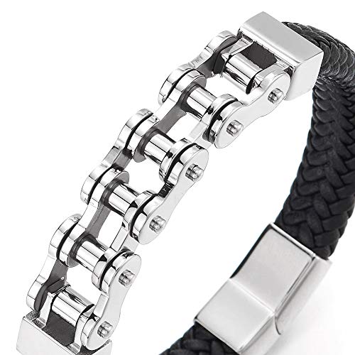 COOLSTEELANDBEYOND Acero Bike Chain, Cadena Bici Motocicleta Pulsera, Negro Cuero Trenzado Brazalete de Hombre