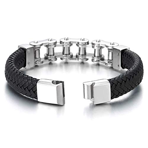 COOLSTEELANDBEYOND Acero Bike Chain, Cadena Bici Motocicleta Pulsera, Negro Cuero Trenzado Brazalete de Hombre