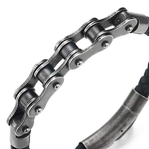 COOLSTEELANDBEYOND Acero Metal Envejecido Negro Bike Chain Cadena Bici Motocicleta Pulsera, Negro Cuero Trenzado Brazalete de Hombre