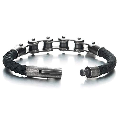 COOLSTEELANDBEYOND Acero Metal Envejecido Negro Bike Chain Cadena Bici Motocicleta Pulsera, Negro Cuero Trenzado Brazalete de Hombre