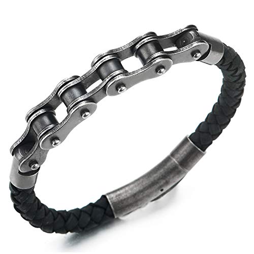 COOLSTEELANDBEYOND Acero Metal Envejecido Negro Bike Chain Cadena Bici Motocicleta Pulsera, Negro Cuero Trenzado Brazalete de Hombre