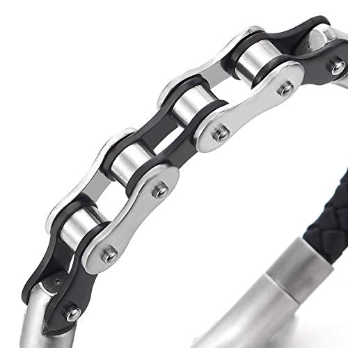 COOLSTEELANDBEYOND Acero Plata Negro Bike Chain Cadena Bici Motocicleta Pulsera, Negro Cuero Trenzado Brazalete de Hombre, Cierre Mosquetón