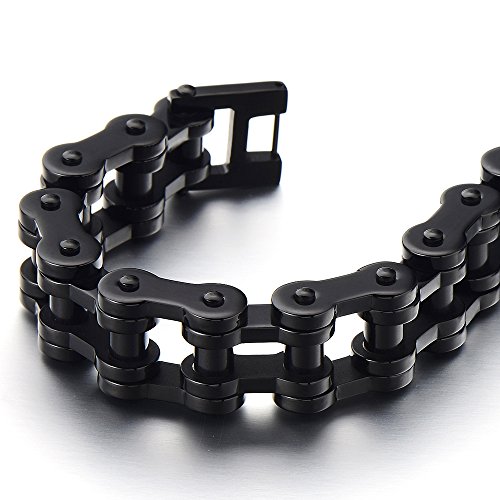 COOLSTEELANDBEYOND Primera Calidad, Negro Pulsera de Hombre, Brazalete de Acero Inoxidable, Bike Chain, Cadena Bici, Espejo Pulido