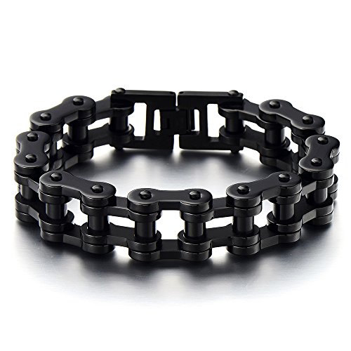 COOLSTEELANDBEYOND Primera Calidad, Negro Pulsera de Hombre, Brazalete de Acero Inoxidable, Bike Chain, Cadena Bici, Espejo Pulido