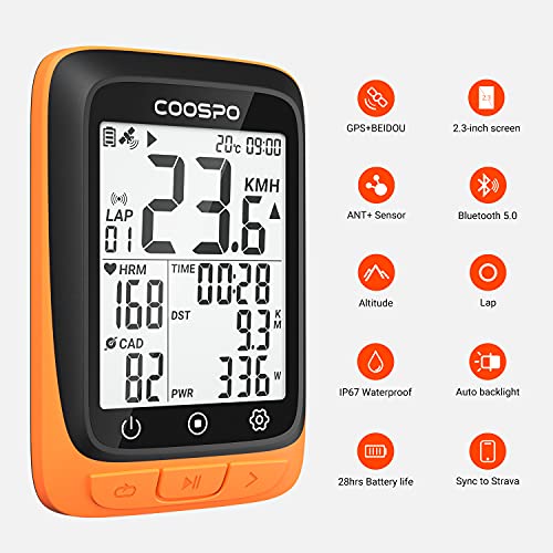 COOSPO BC107 GPS Ciclismo Ordenador Inalámbrico Ciclocomputador Computadora Bicicleta Impermeable, Bluetooth/Ant+, Pantalla LCD de 2,3 Pulgadas