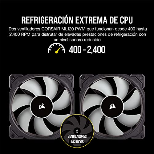 Corsair iCUE H100i RGB PRO XT Refrigerador Líquido para CPU, Radiador de 240 mm, Dos Ventiladores Corsair ML PWM de 120 mm, 400 - 2400 RPM, Cabezal de Bombeo RGB Dinámico y Multizona, Negro